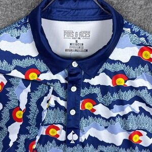 Pins & Aces Polo Shirt Mens XL Blue Golf Performance Stretch All Over Print AOP